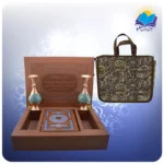 ست قرآن وزیری جعبه لپ تاپی چرم کاغذ گلاسه با 2 گلدان فیروزه با ساک ترمه هدیه (كد 90267)