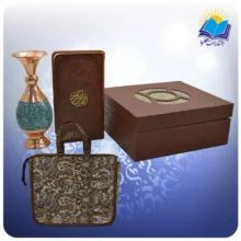 قرآن پالتويی چرم با گلدان فیروزه 16 با ساک ترمه هدیه (كد 90142)