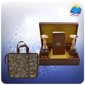 قرآن پالتويی چرم با دو گلدان الماس تراش 16 با ساک ترمه هدیه (كد 90153)