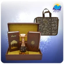 قرآن و حافظ پالتويی چرم با گلدان الماس تراش 16 با ساک ترمه هدیه (كد 90166)