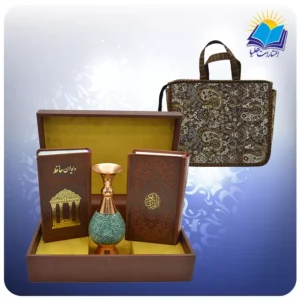قرآن و حافظ پالتويی چرم با گلدان فیروزه 16 با ساک ترمه هدیه (كد 90168)