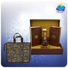 قرآن و نهج البلاغه پالتويی چرم با گلدان الماس تراش 16 با ساک ترمه هدیه (كد 90199)