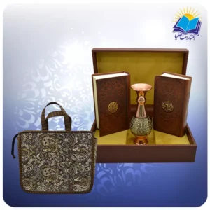 قرآن و نهج البلاغه پالتويی چرم با گلدان خاتم 16 با ساک ترمه هدیه (كد 90200)