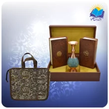 قرآن و نهج البلاغه پالتويی چرم با گلدان فیروزه 16 با ساک ترمه هدیه (كد 90201)