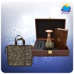 نهج البلاغه پالتویی چرم با گلدان خاتم و خودکار و روان نویس با ساک ترمه هدیه(كد 90218)