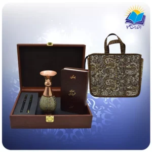 گلستان و بوستان پالتویی چرم با گلدان خاتم و خودکار و روان نویس با ساک ترمه هدیه(كد 90220)
