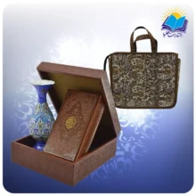 قرآن پالتویی چرم با گلدان مینا 16 با ساک ترمه هدیه (کد 90366)