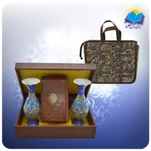 قرآن پالتویی چرم با دوگلدان مينا 16 با ساک ترمه هدیه (کد 90367)