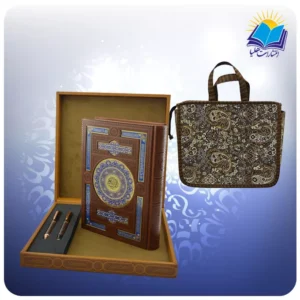 قرآن وزیری عطری چرم با خودکار و روان نویس طرحدار با ساک ترمه هدیه (کد 90362)