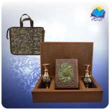 قرآن وزیری چرم و مس با 2 گلدان الماس تراش 20 با ساک ترمه هدیه (کد2871)